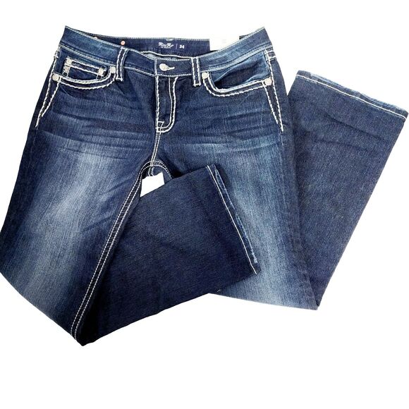 Miss Me Jeans Womens Sz 34x32 Chloe Bootcut Dark Wash Embroidered Bling Mid Rise - Picture 1 of 12
